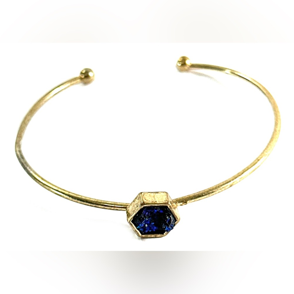 Brass Tone Bangle Bracelet W/Blue Drusy Quartz Stone Adjustable - Picture 2 of 6